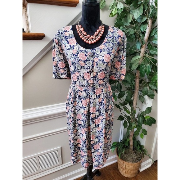 Vintage Meg Lauren Floral 100% Rayon Round Neck Short Sleeve Knee Length Dress L - Picture 1 of 10